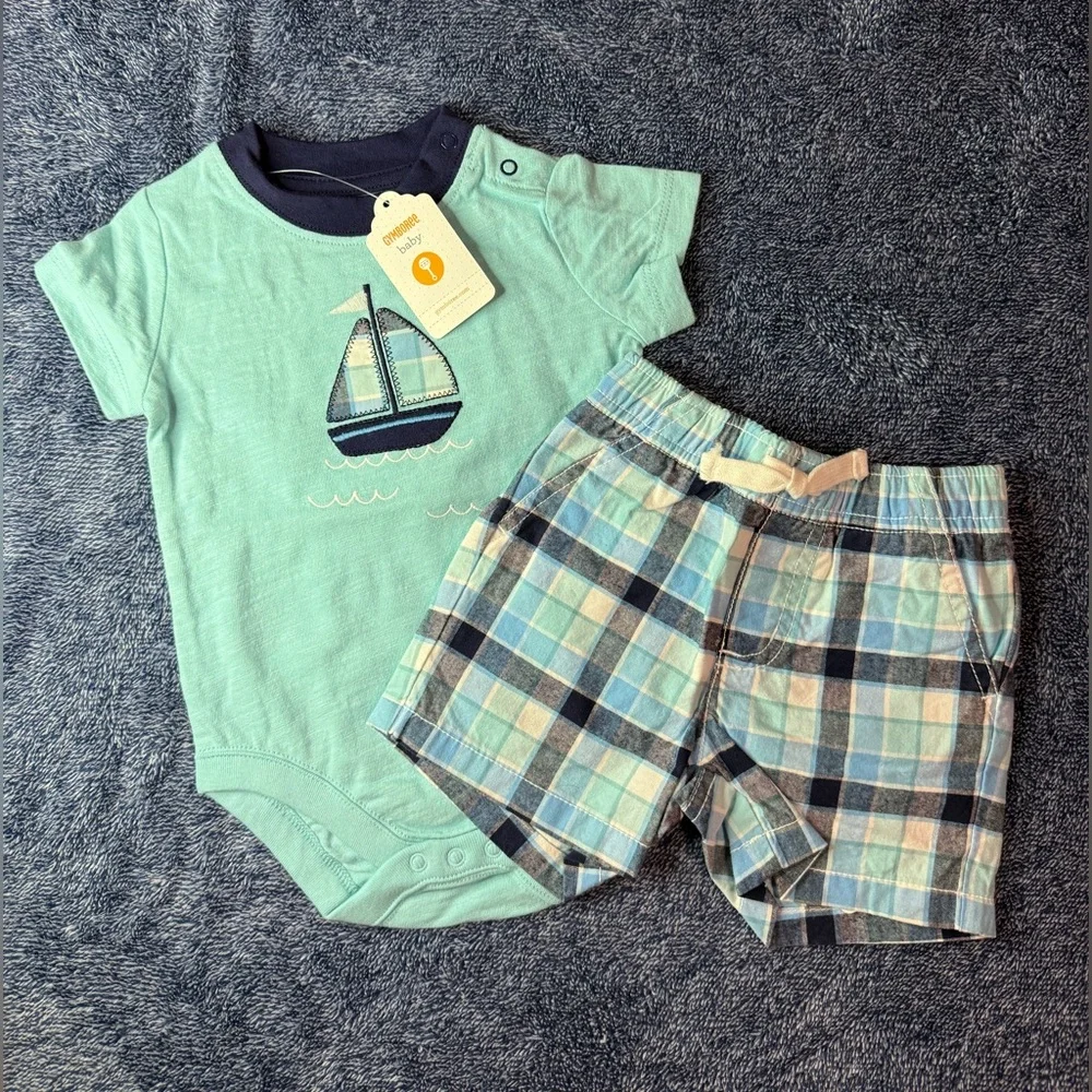 NWT Gymboree Baby Sailboat Bodysuit & Plaid Shorts Set.